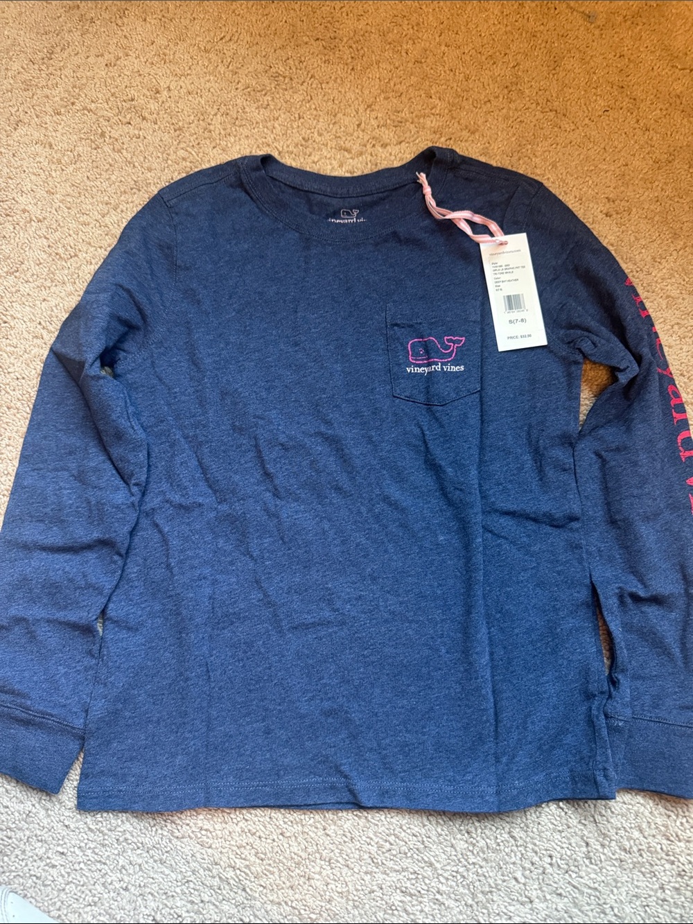 Vineyard Vines Kids Long Sleeve Tee - Navy with Pink Logo